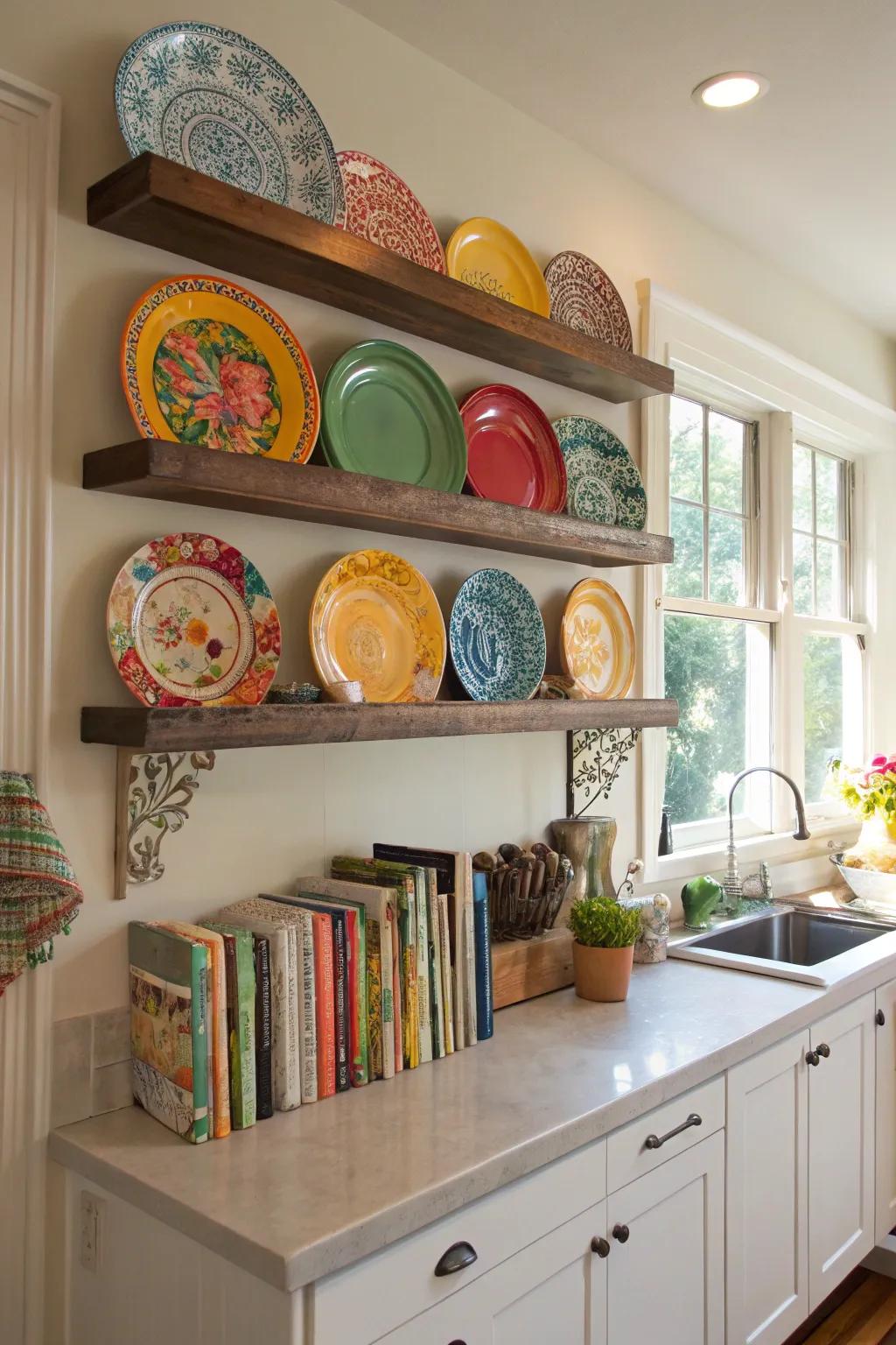 Whimsical touch in the kitchen with staggered shelving.