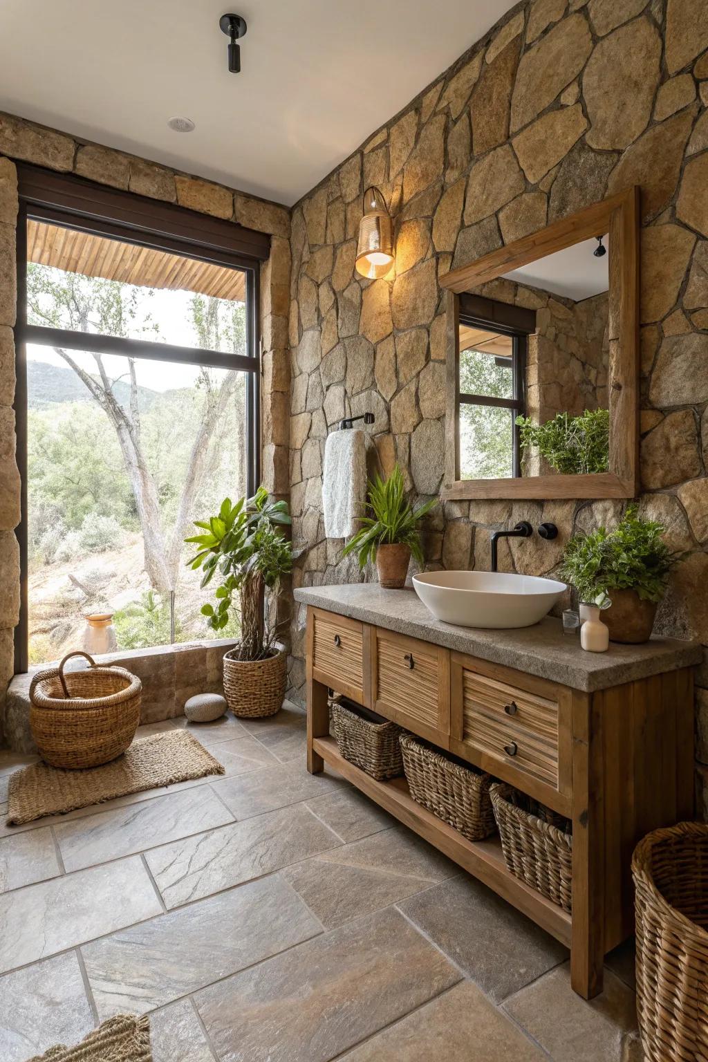 A stone bathroom featuring earthy tones with natural decor elements.