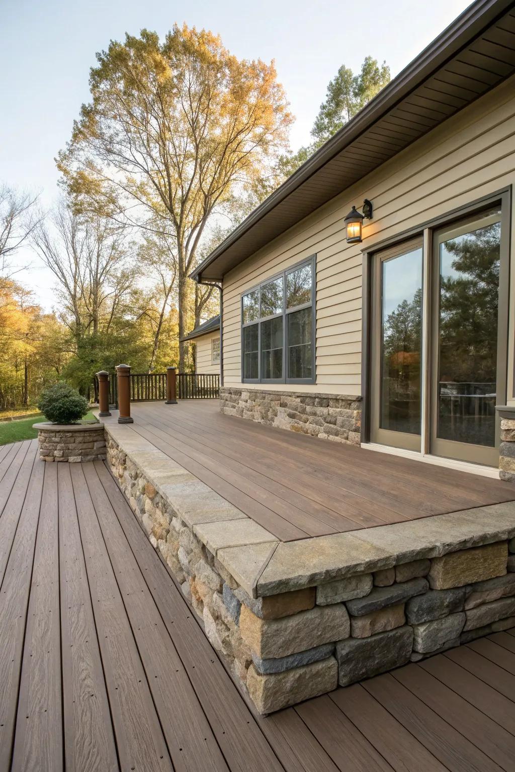 Stone skirting that perfectly complements the color scheme of the house.