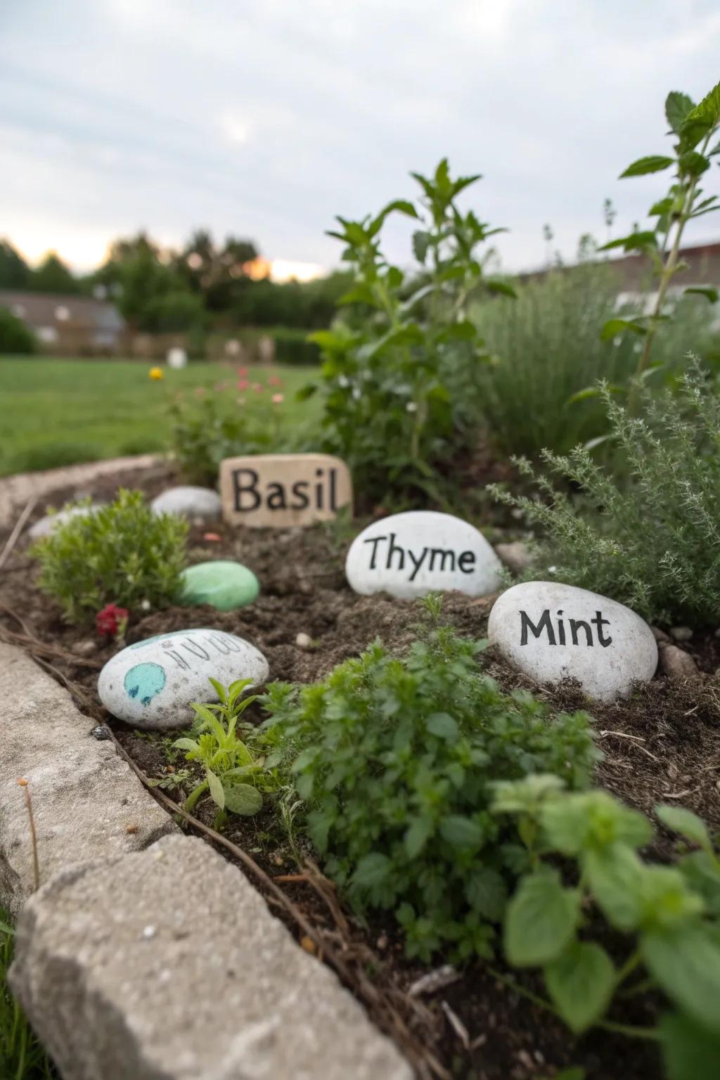 Whimsical painted stone plant markers in a garden.