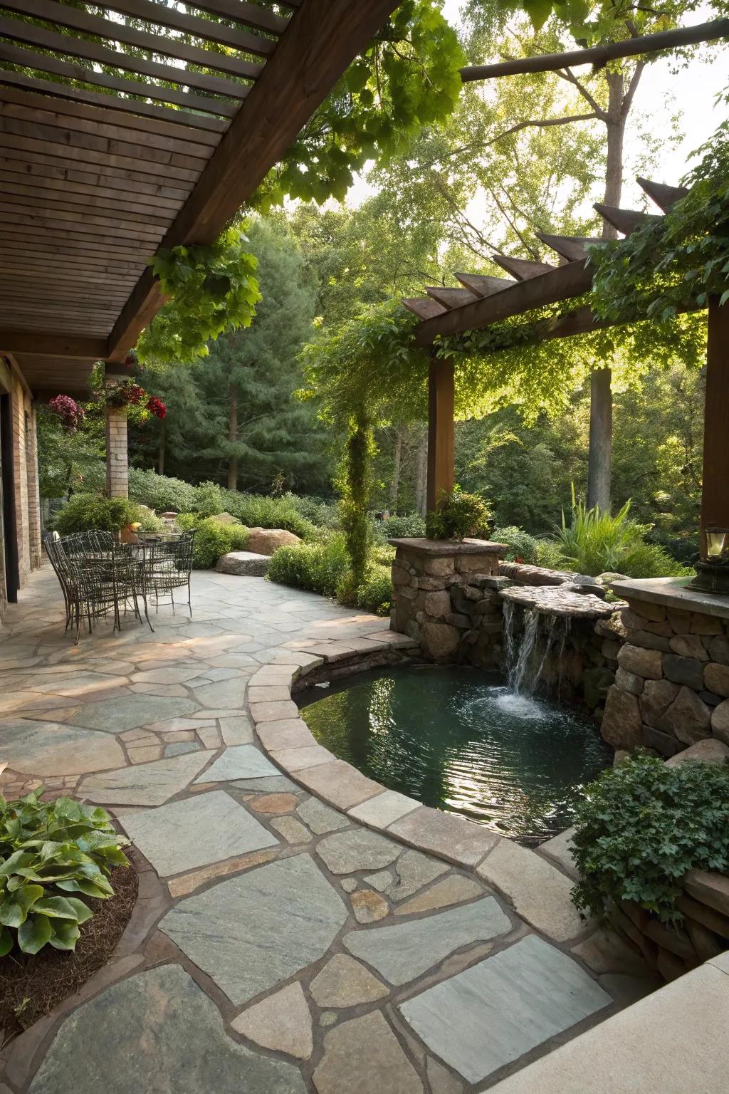 A stone patio enhanced by a soothing water feature.