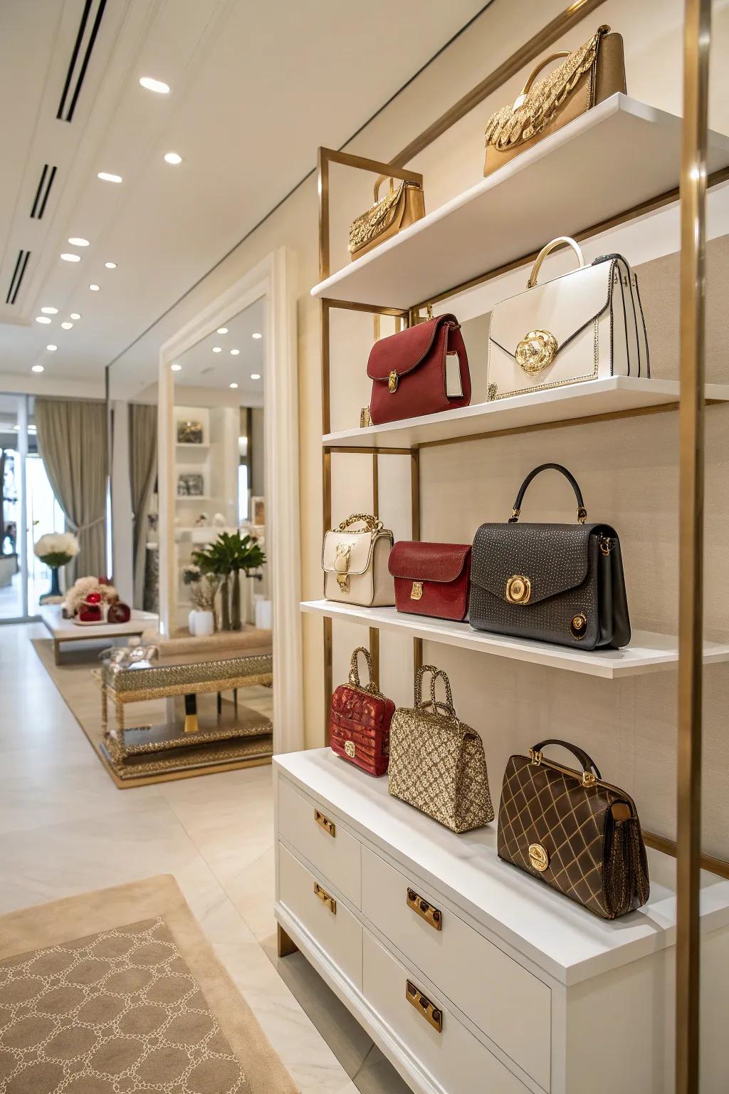 Open concept display of purses in a room setting.