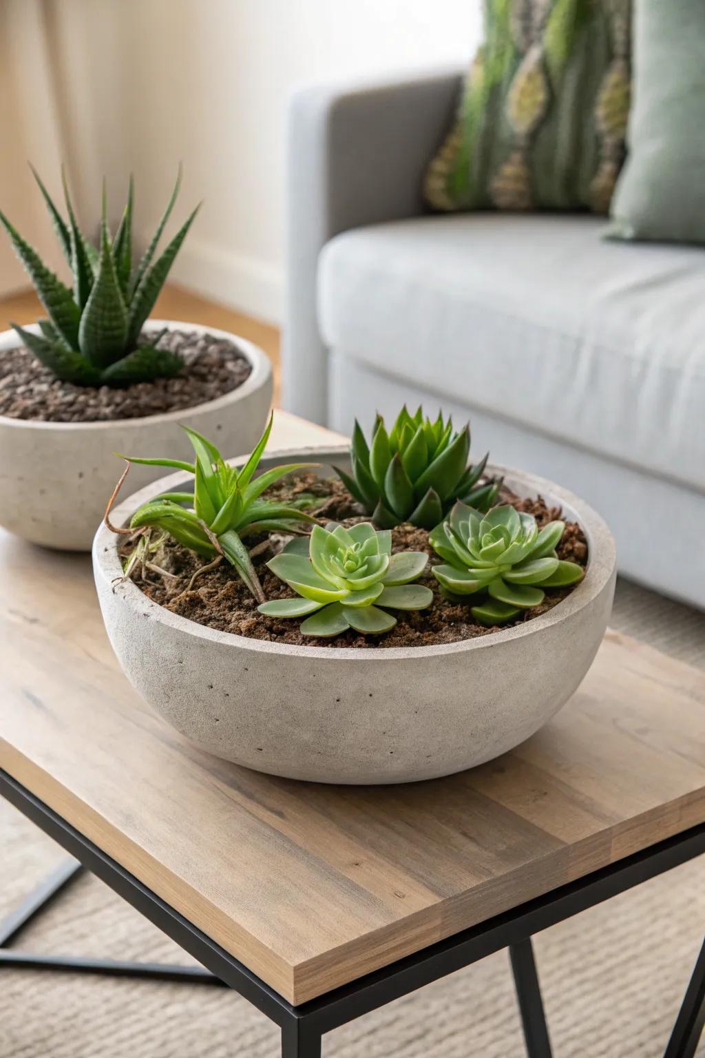 Concrete bowls offer a modern aesthetic for succulent arrangements.