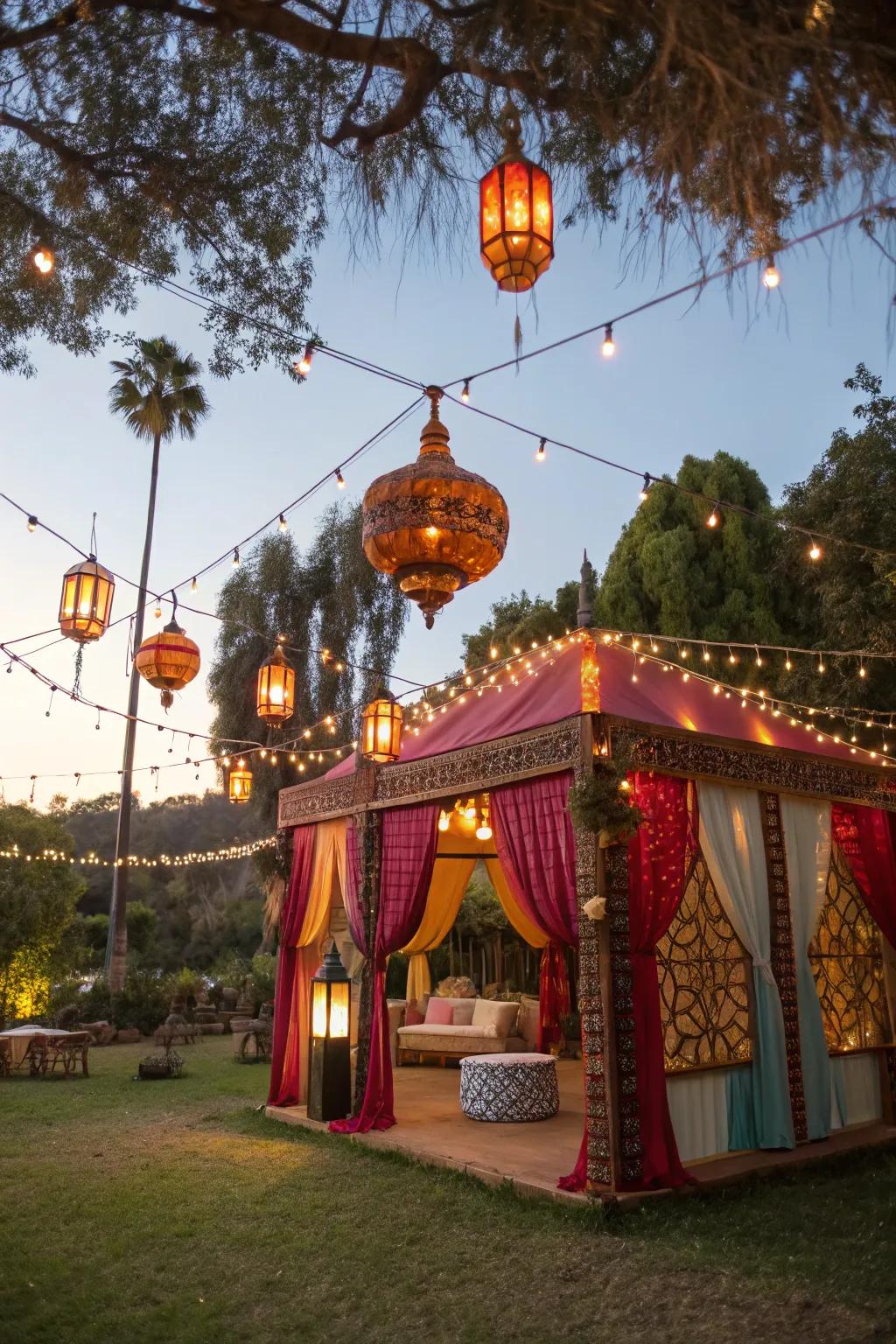 A magical sukkah with hanging lanterns and lights casting a warm glow.