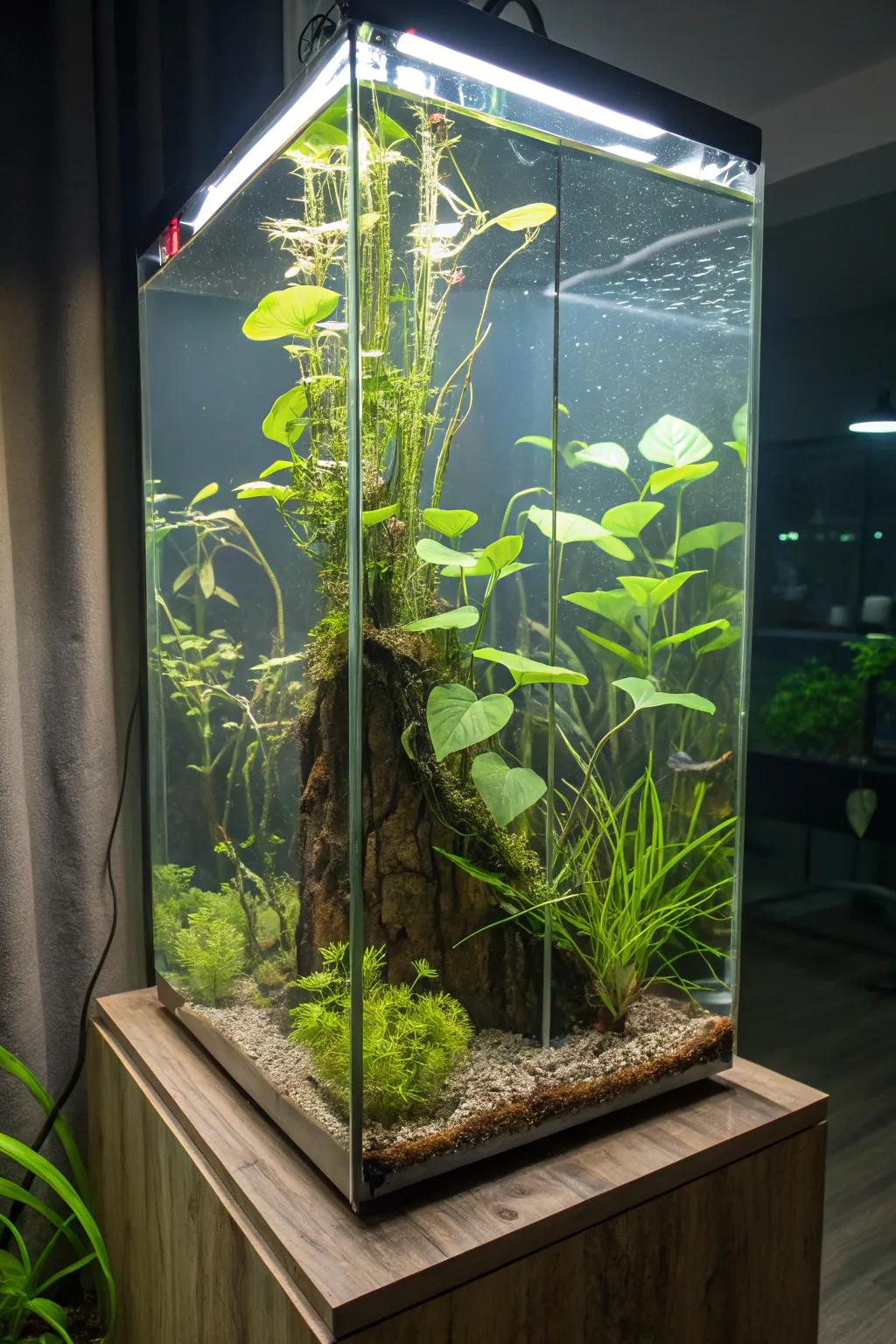 A tall aquarium with a paradise of floating plants.