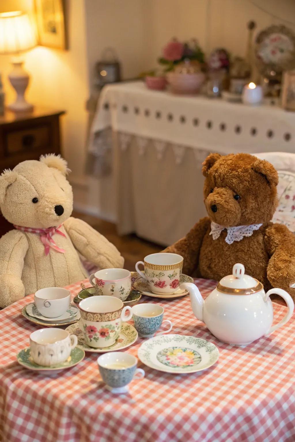 Stuffed animals add a playful and whimsical element to the tea party.