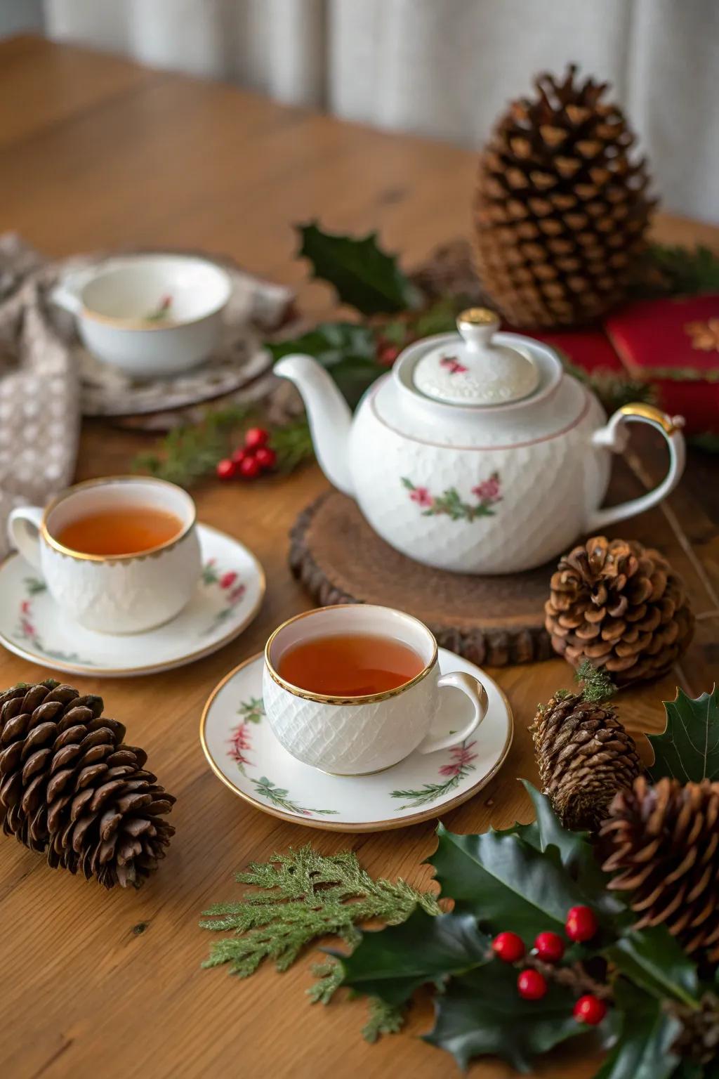 A festive tea set arrangement with seasonal touches.