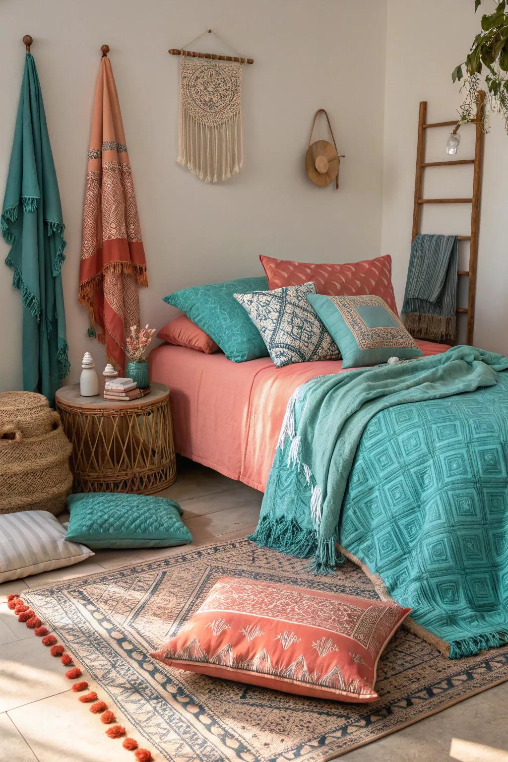 A mix of textiles in teal and coral for a cozy atmosphere.