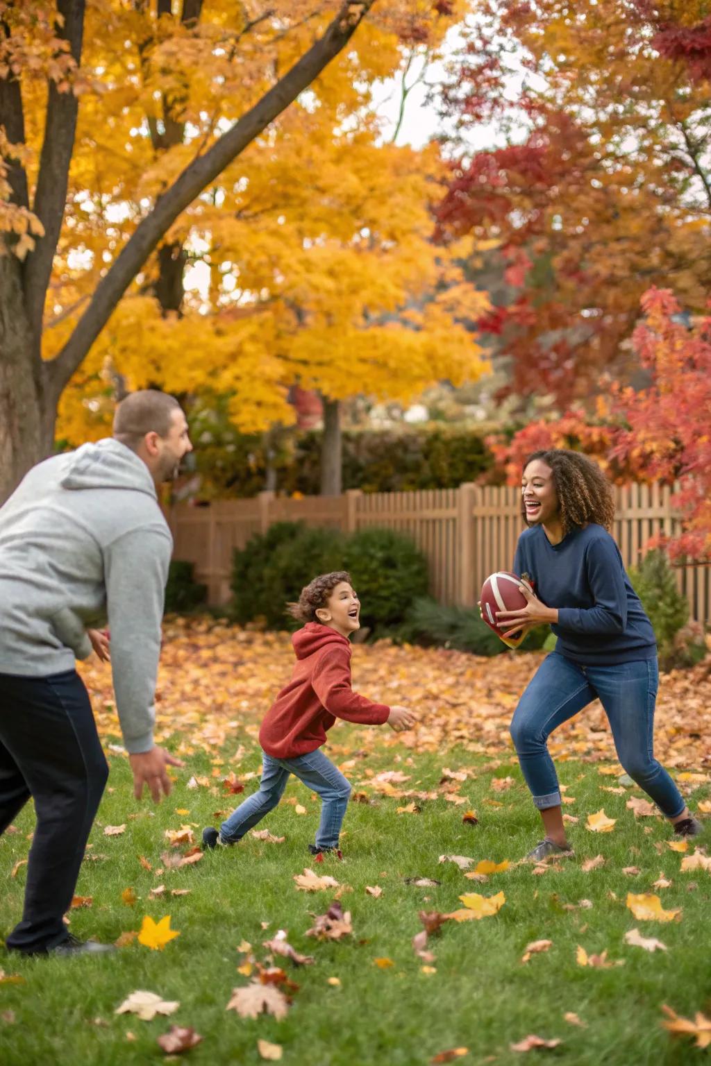 A lively family flag football game on a crisp autumn day.