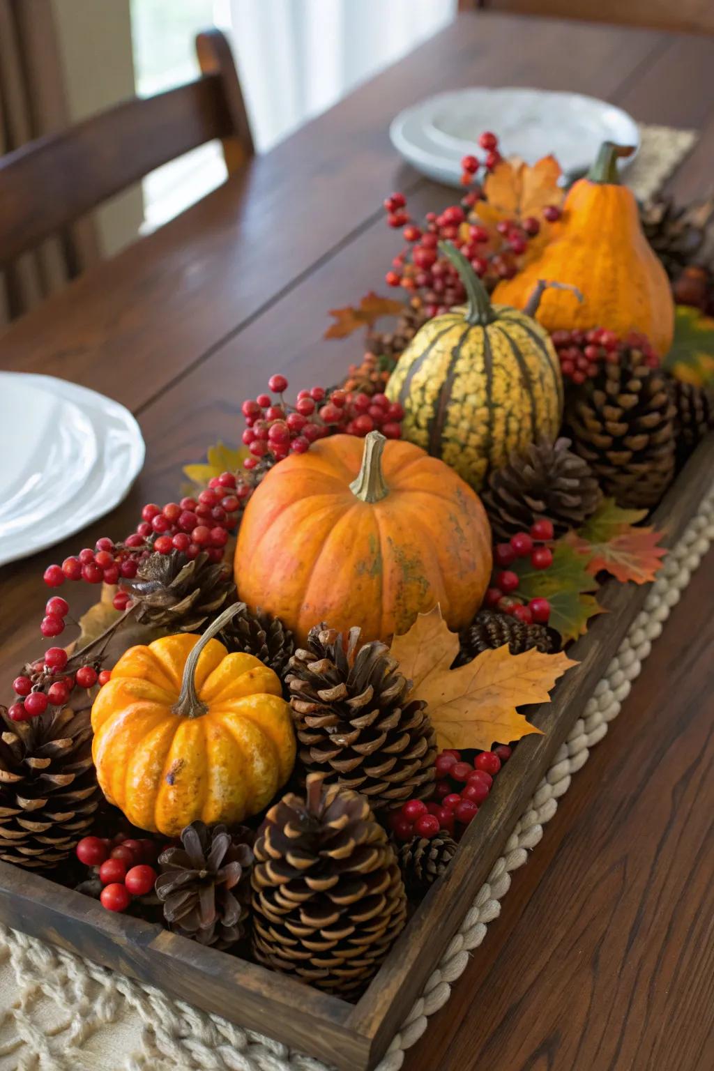 A natural centerpiece with gourds, pinecones, and berries.