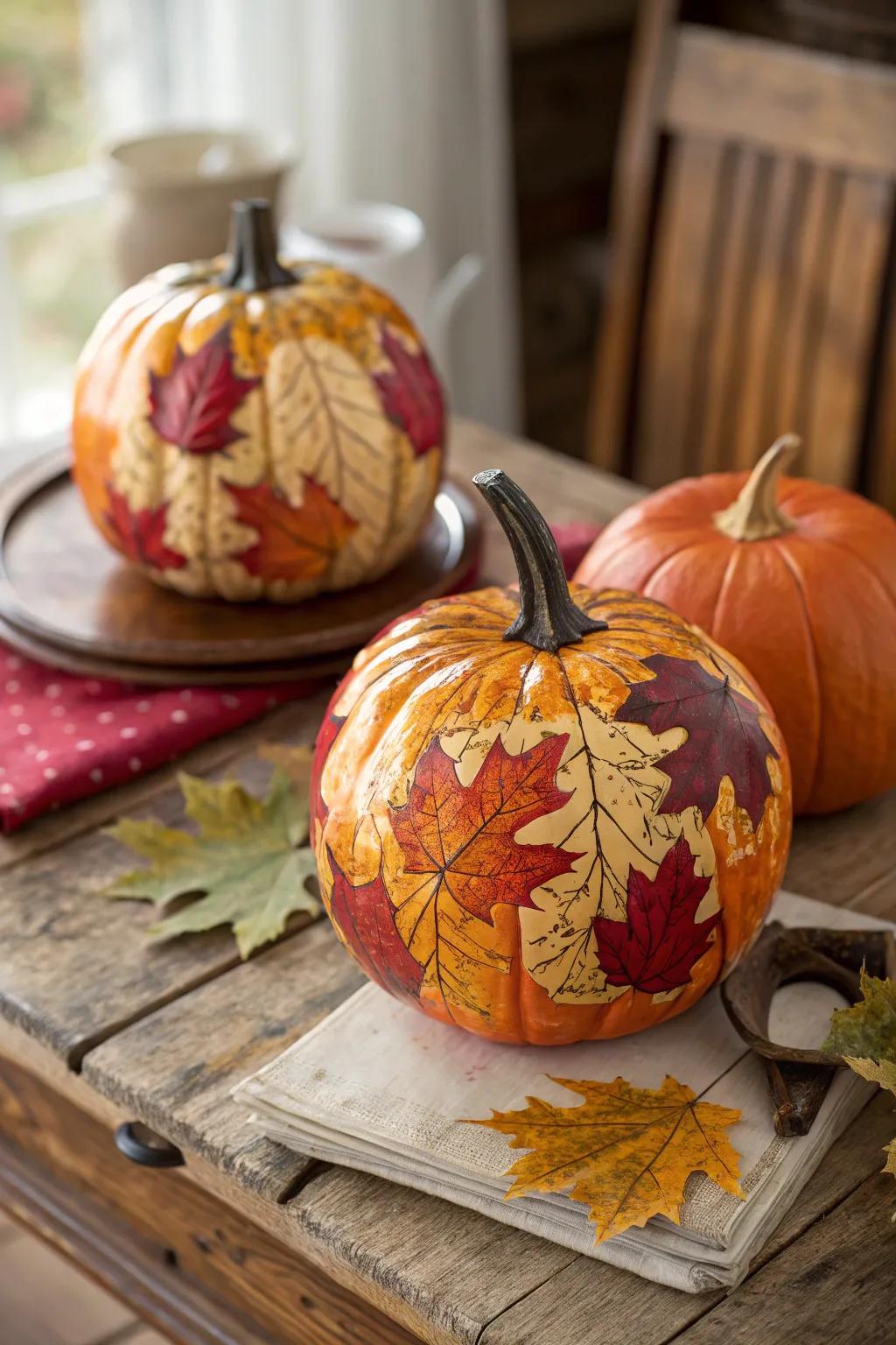 Sophisticated decoupage pumpkins with autumn leaves.