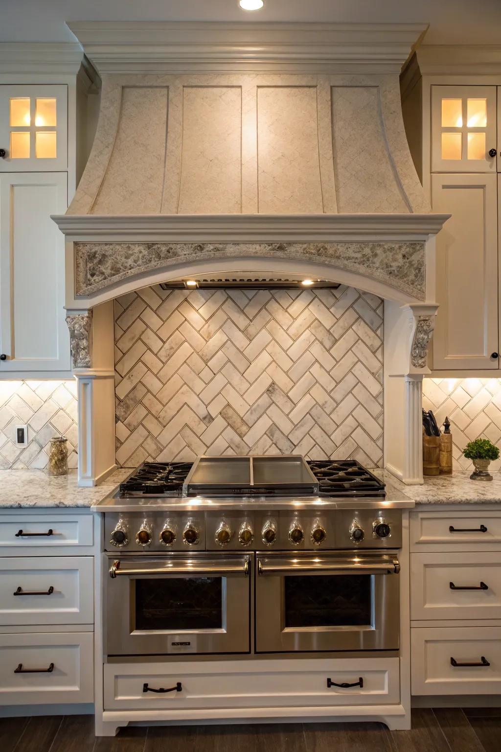 Herringbone patterns bring a timeless sophistication to your kitchen.