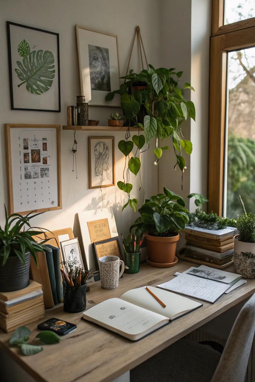 Personal decor elements bring warmth and personality to a workspace.