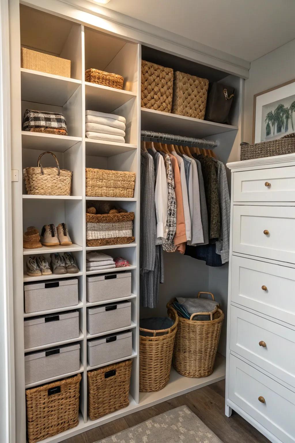 Organize chaos with stylish baskets and drawers.