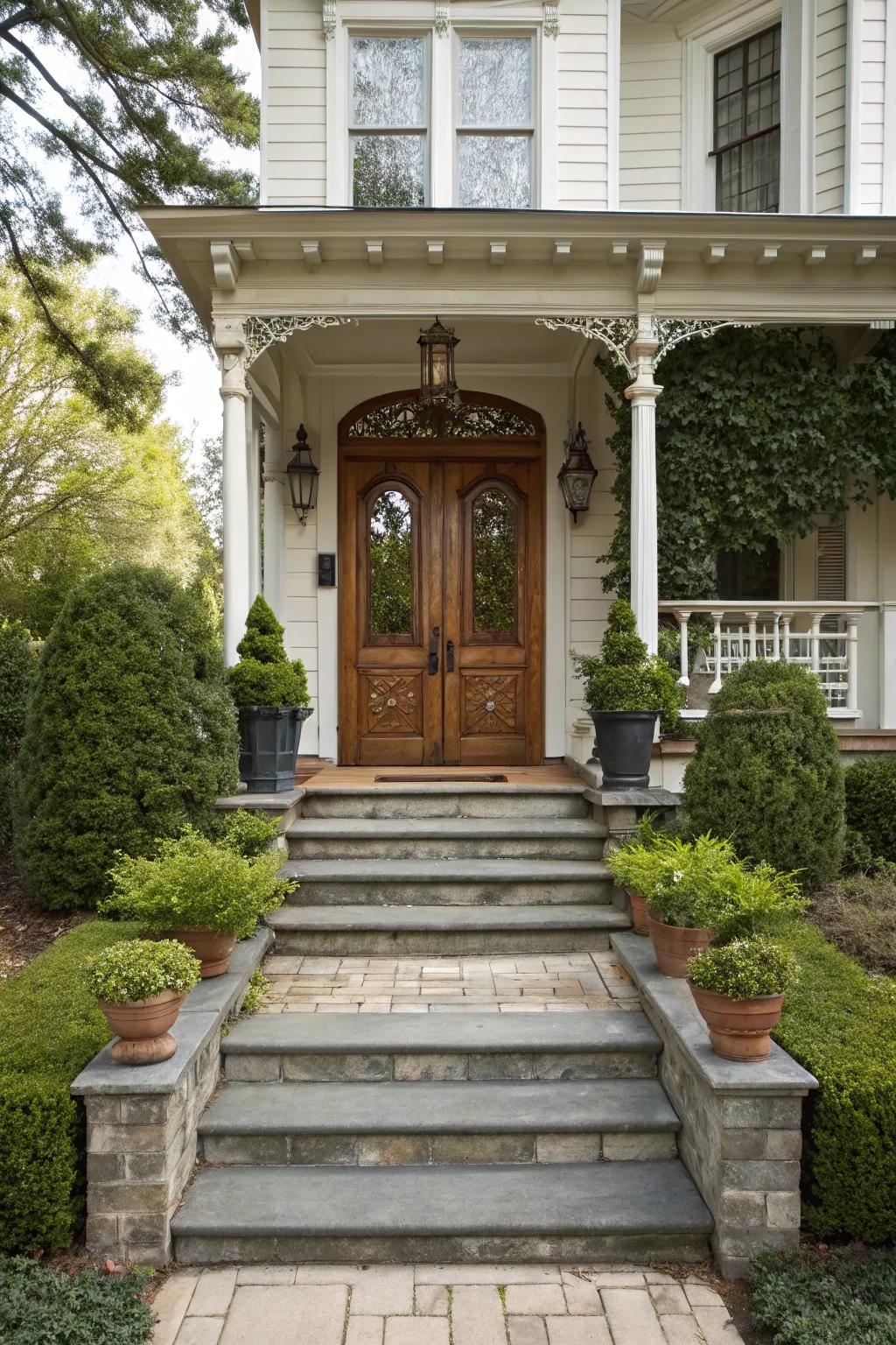 A welcoming porch adds depth to a traditional front door.