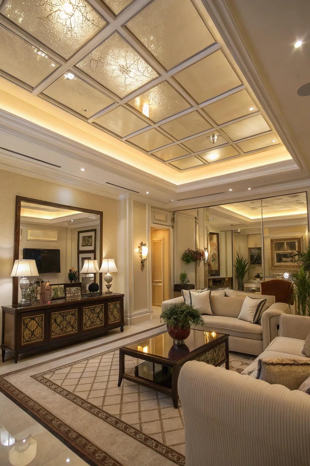 A living room with mirrored panels in the tray ceiling for added depth.