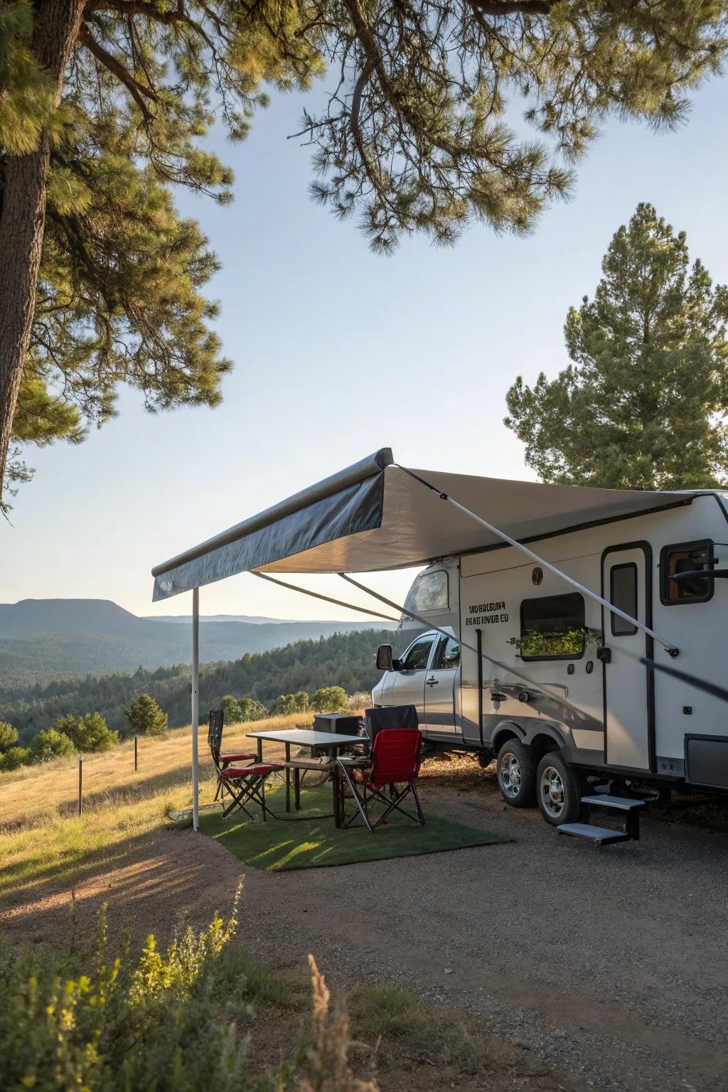 Side and rear awning extensions offering expansive shaded space.