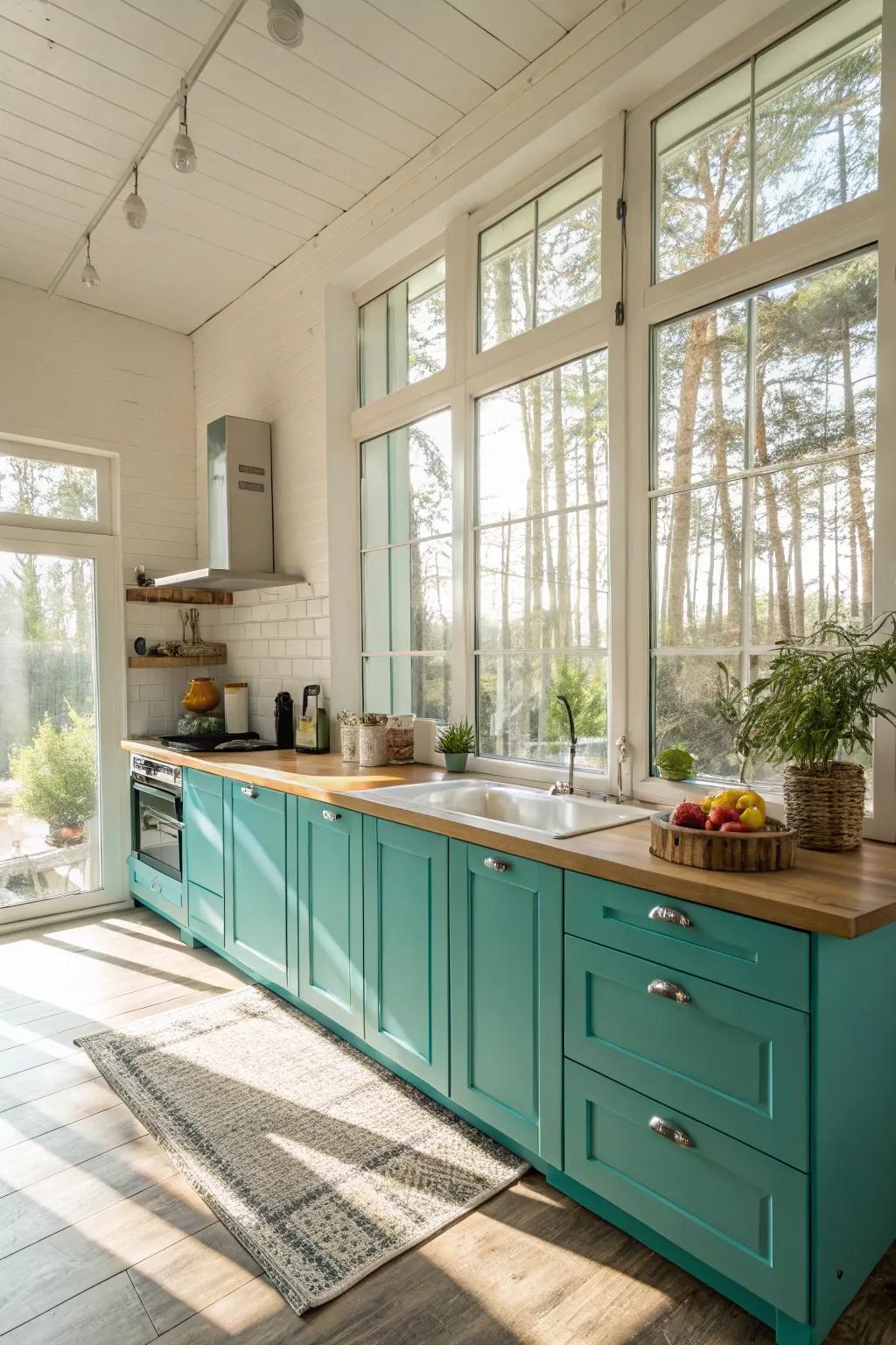 Natural light enhancing the vibrancy of turquoise kitchen cabinets.