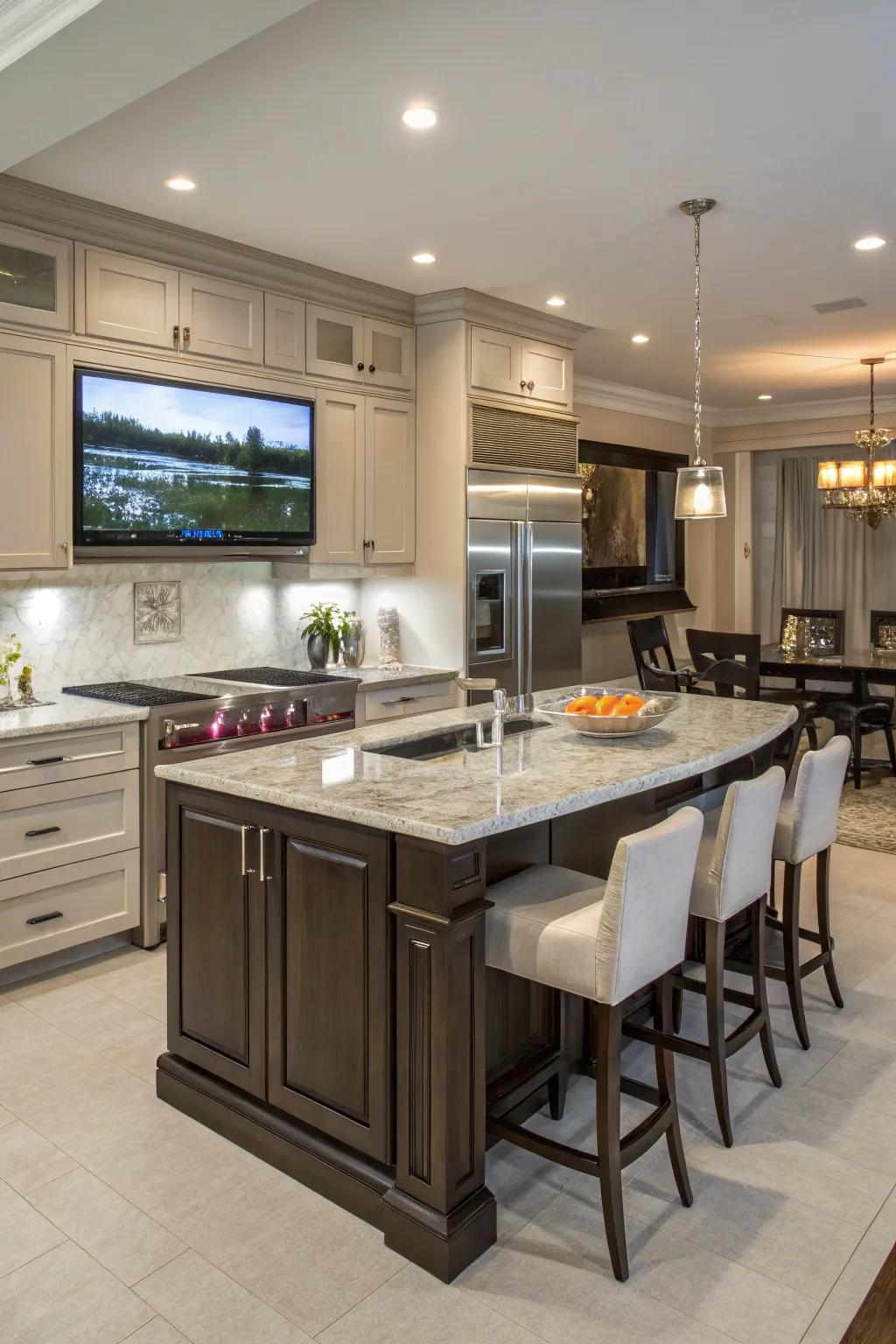 A kitchen island featuring a built-in TV, creating a central entertainment hub.