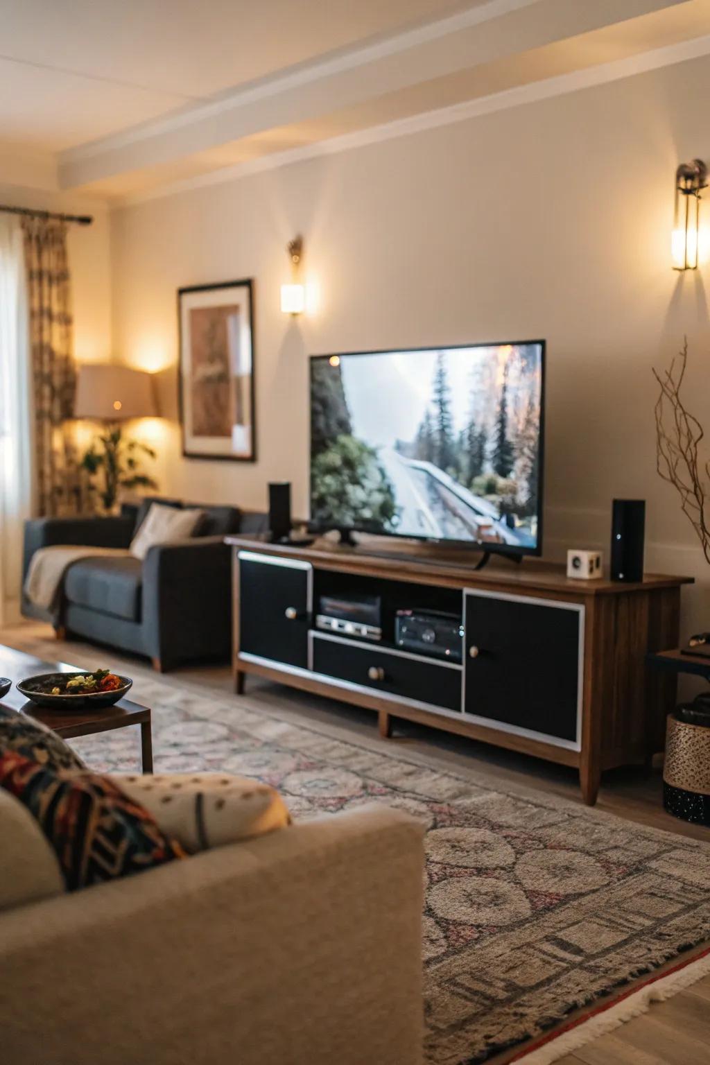 A TV stand design that enhances the television as the room's focal point.