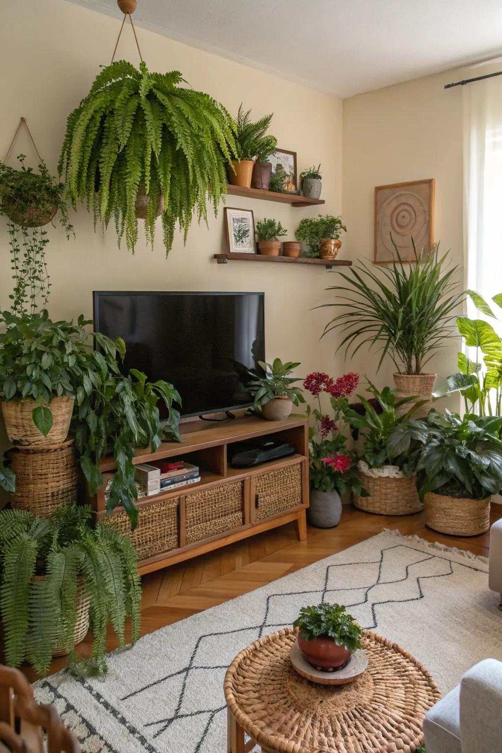 Greenery adds life and color to this TV wall design.