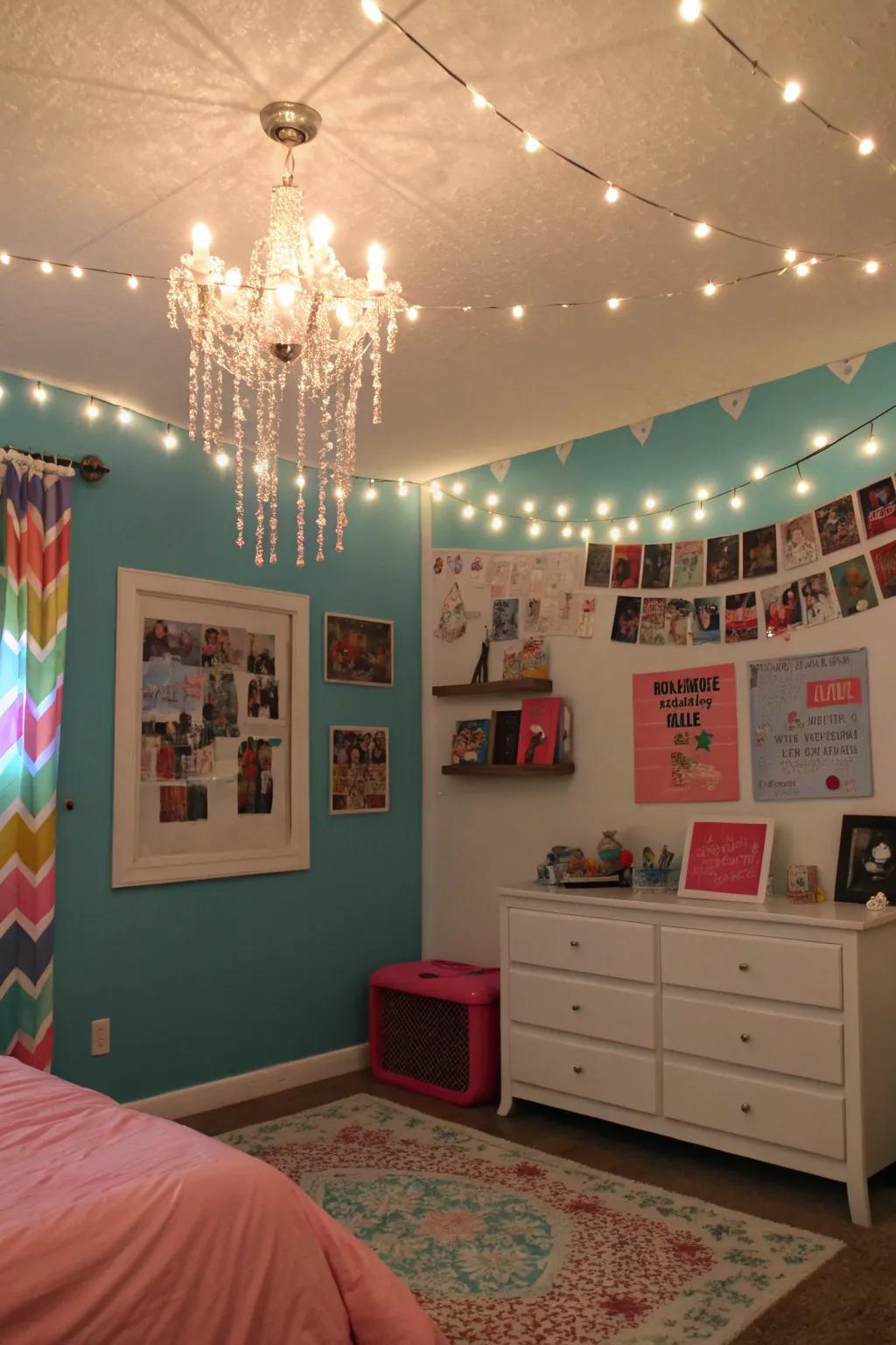 Enchanting lighting with string lights and a modern chandelier.