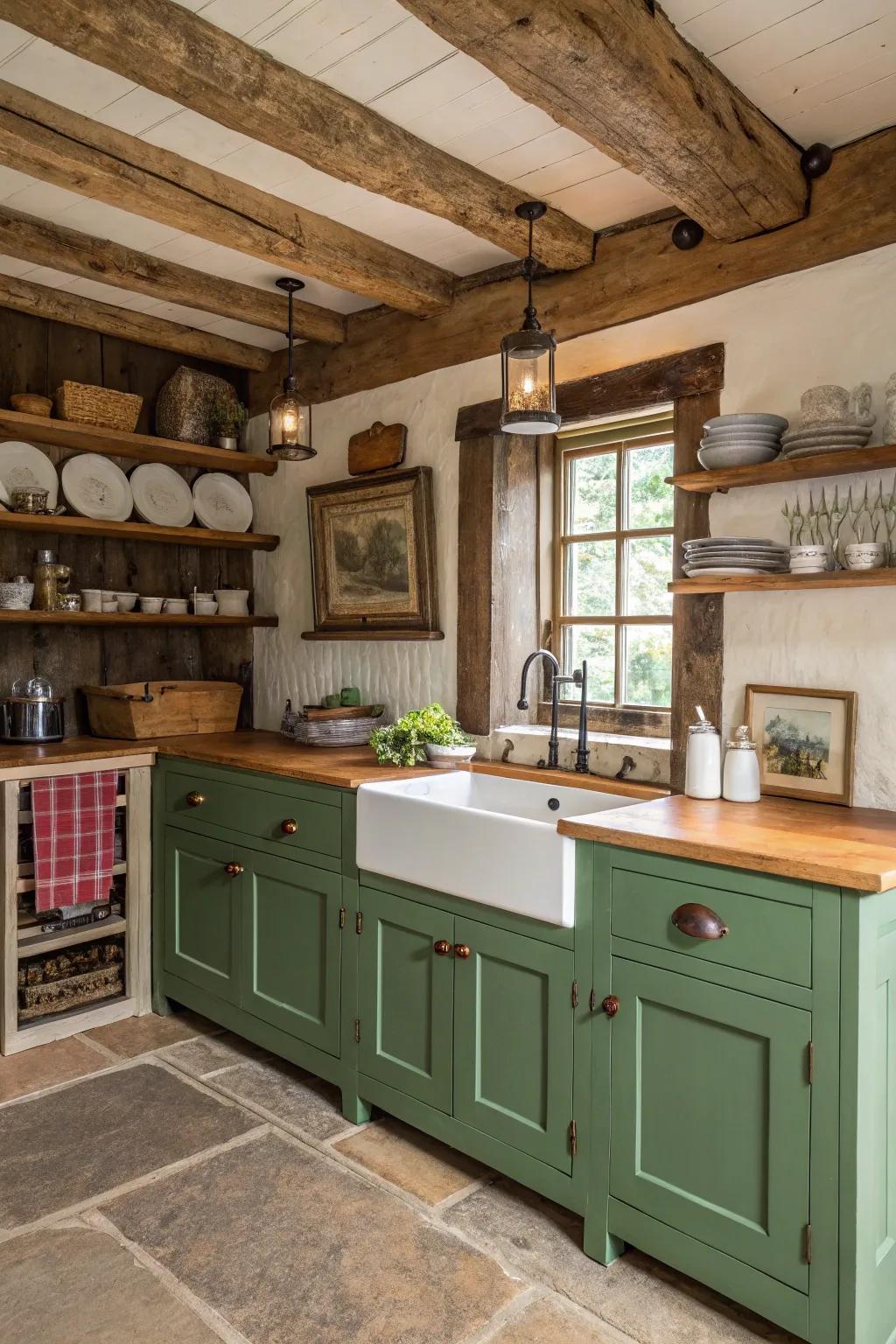 Rustic charm with green and wood cabinets for a farmhouse feel.