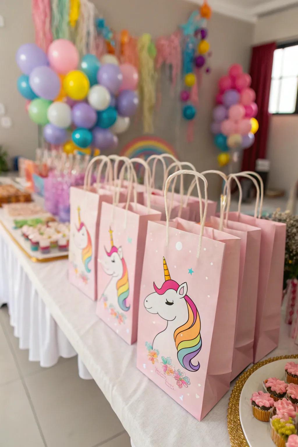 An inviting bulk arrangement of unicorn favor bags.