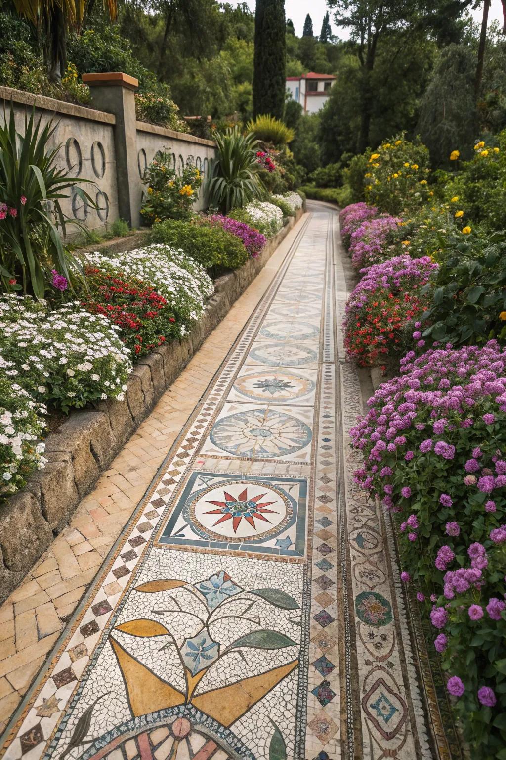 Mosaic paths transform a garden into a canvas of artistic expression.