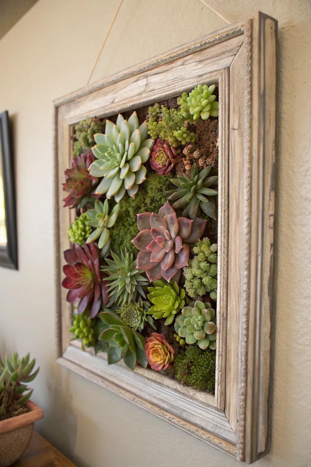 A living work of art: succulents arranged in a framed vertical garden.