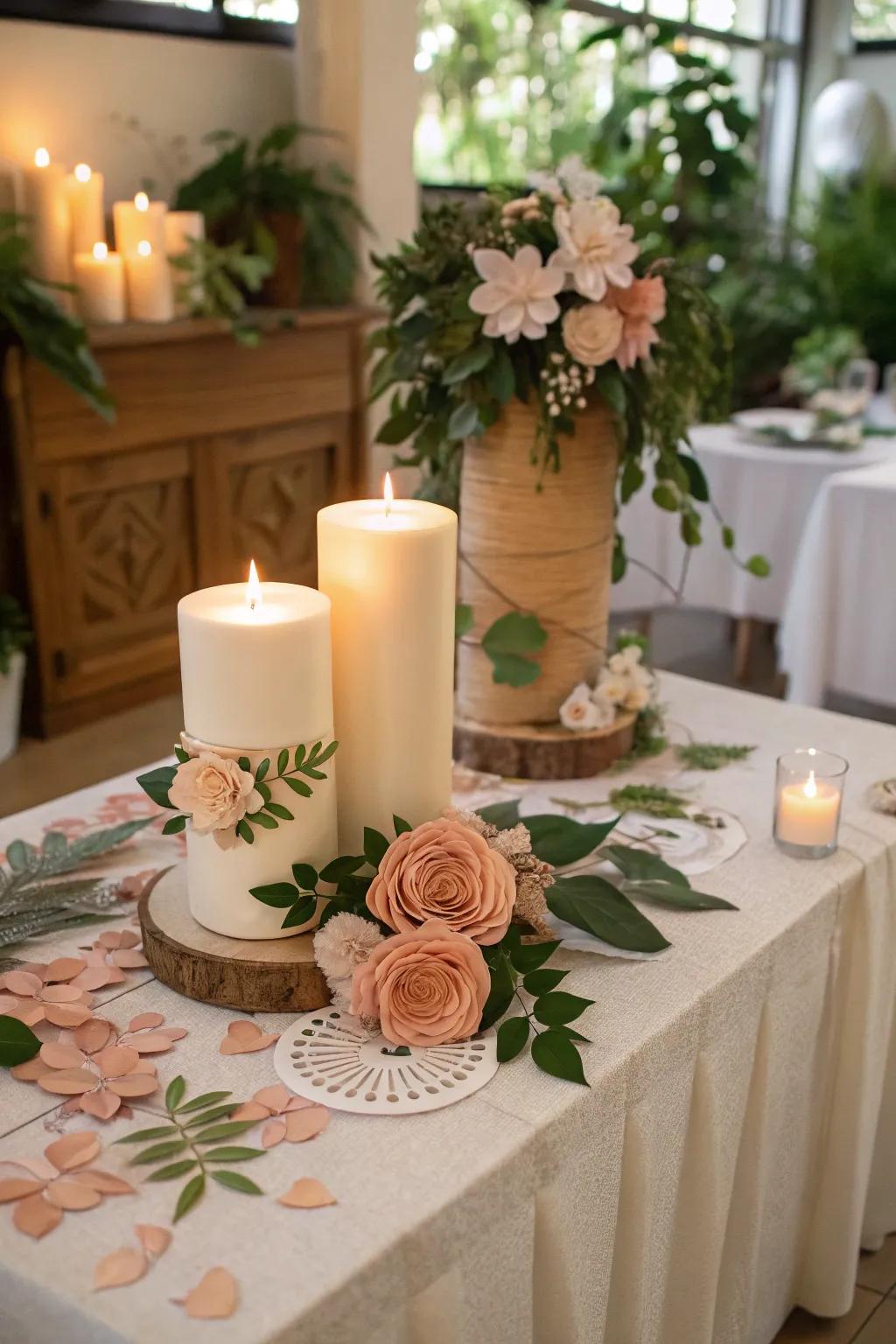 Decorative paper flowers and leaves add whimsy to this unity candle table.