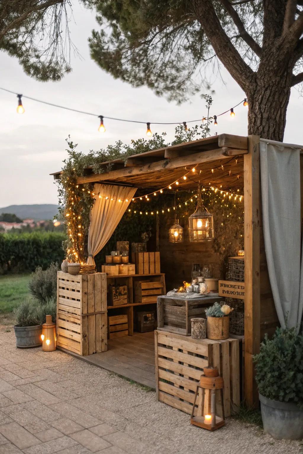 An inviting outdoor Valentine's booth with rustic charm.