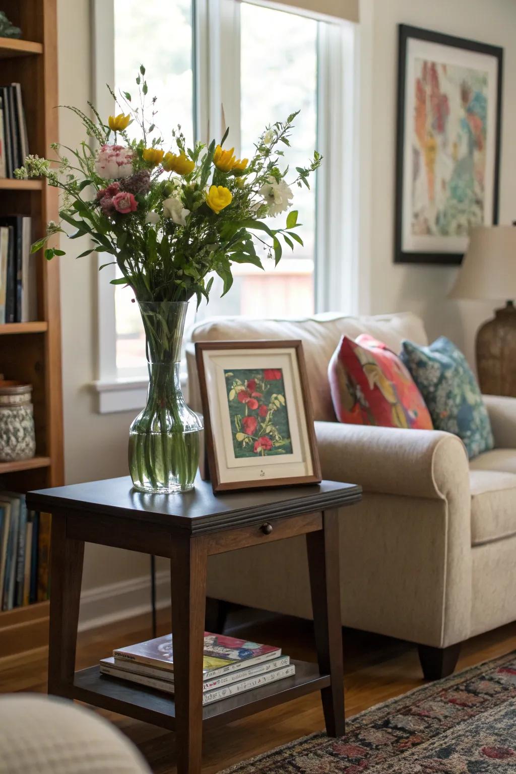 Vases and artwork together create an artistic home corner.