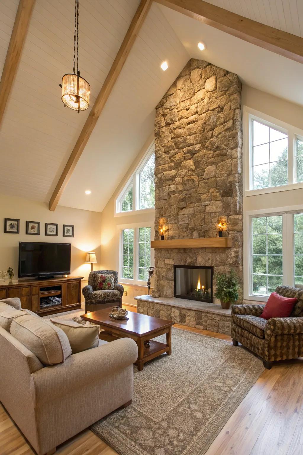 Living room with vaulted ceiling and natural stone accent wall