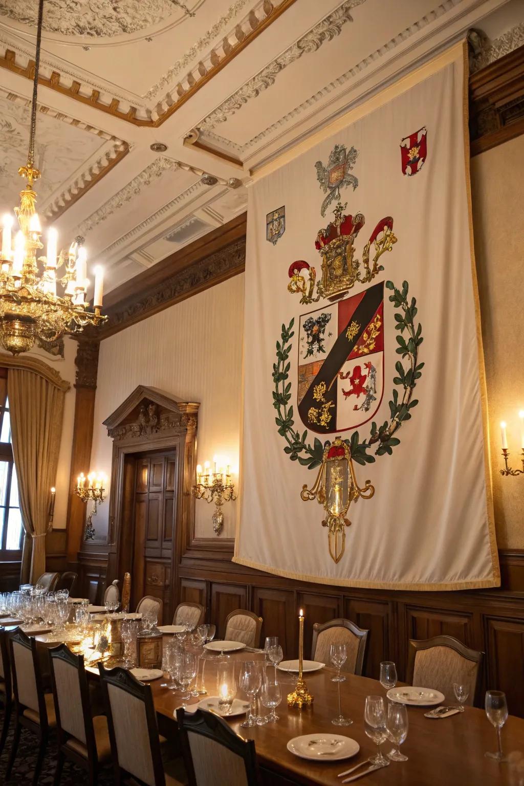 A custom family crest on a vertical banner adds a personal touch to the dining room.