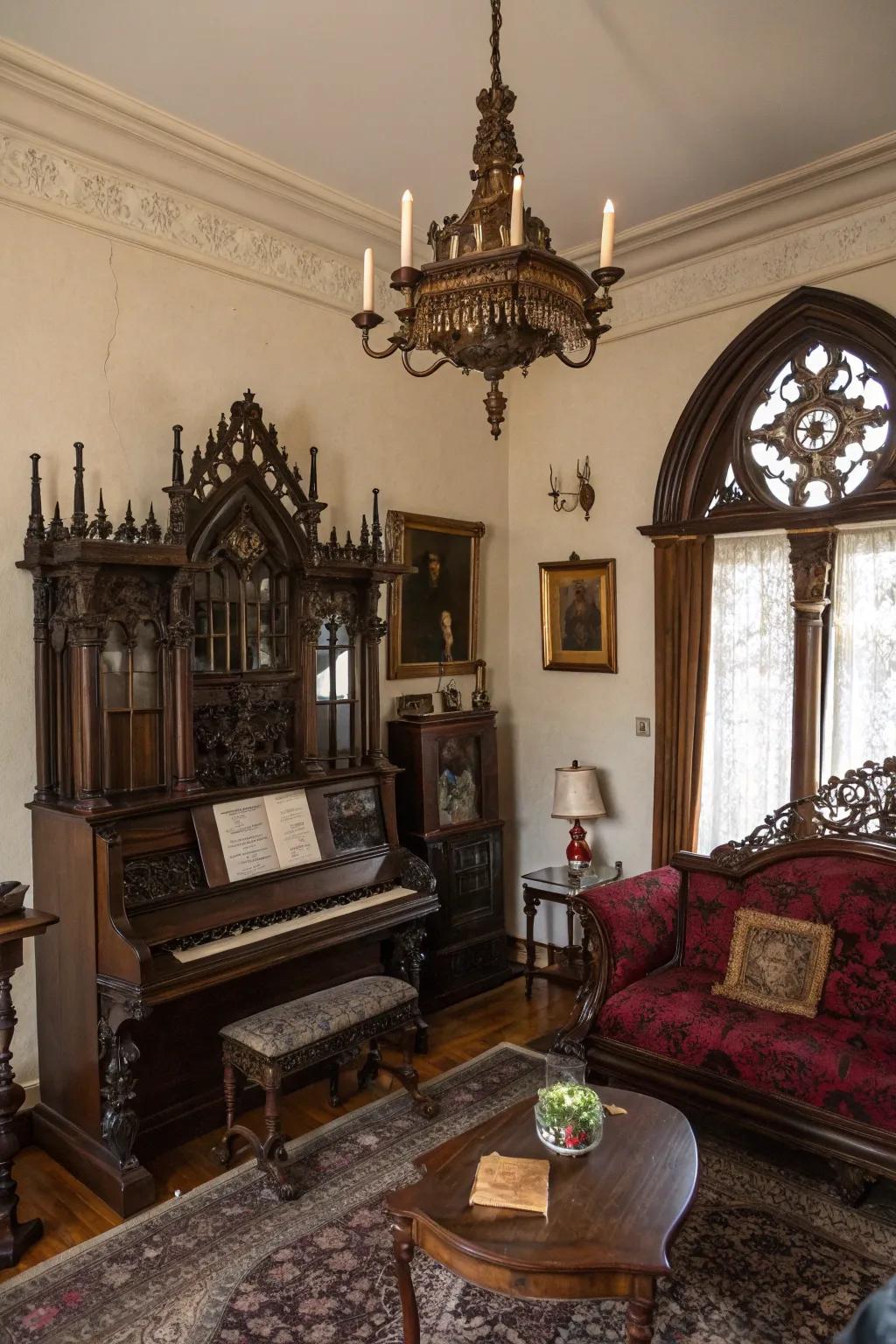 Antiques and vintage pieces enrich the room with history.