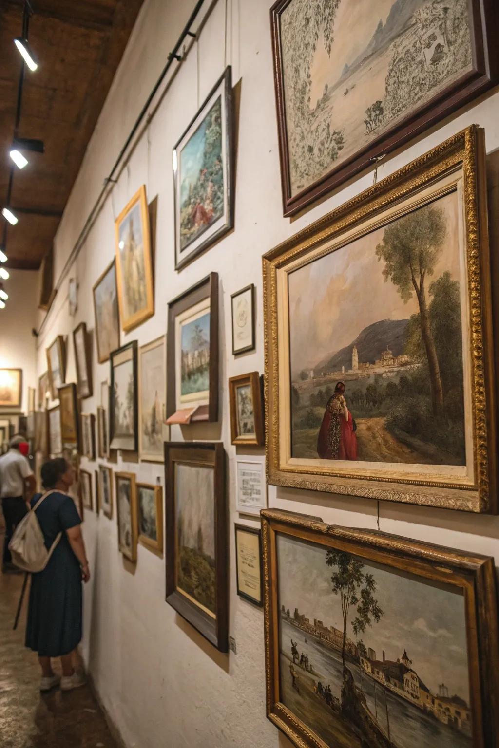 A wall adorned with vintage artwork and historical paintings.