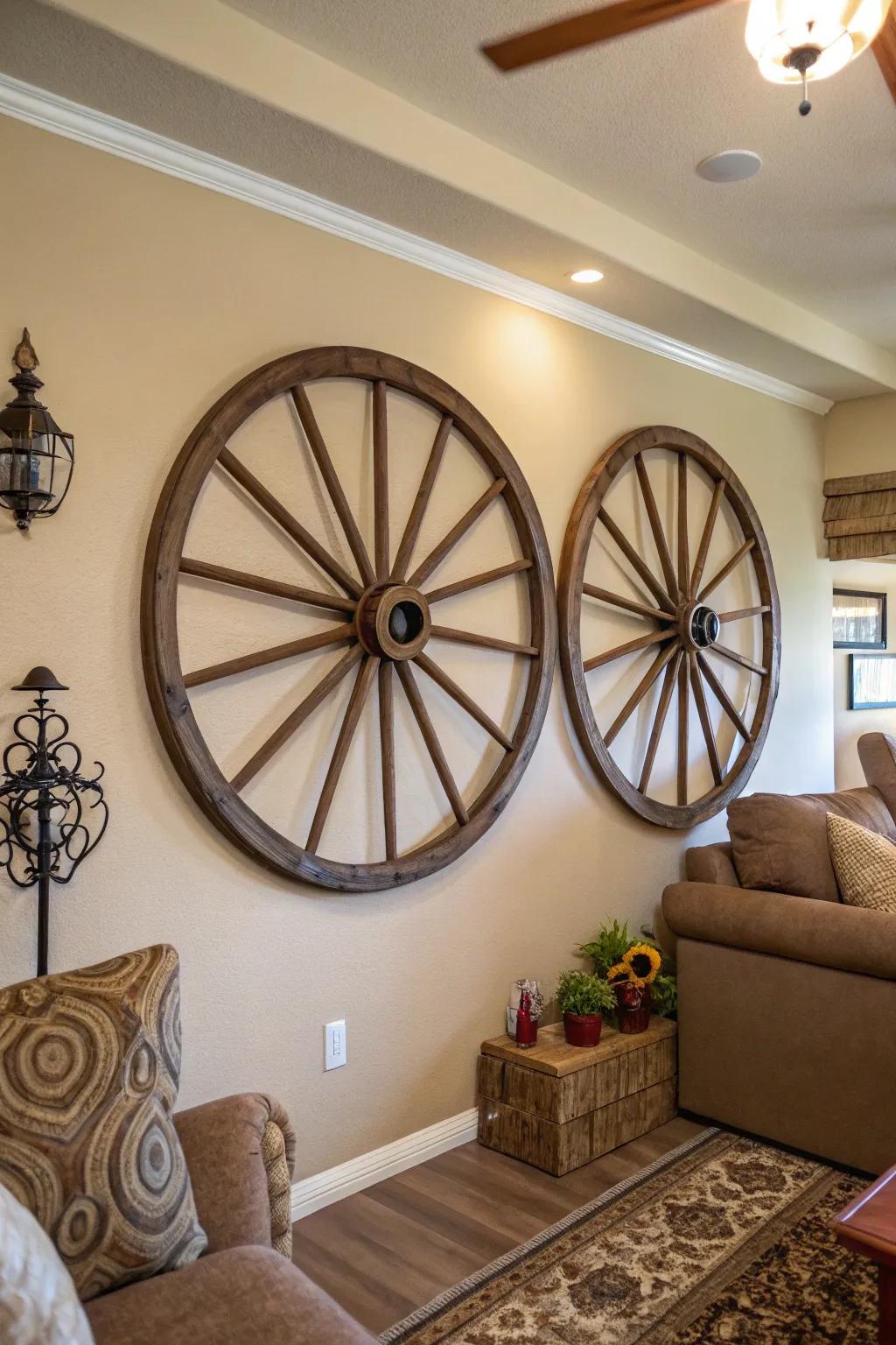 Grouped wagon wheels create a harmonious display in this living room.