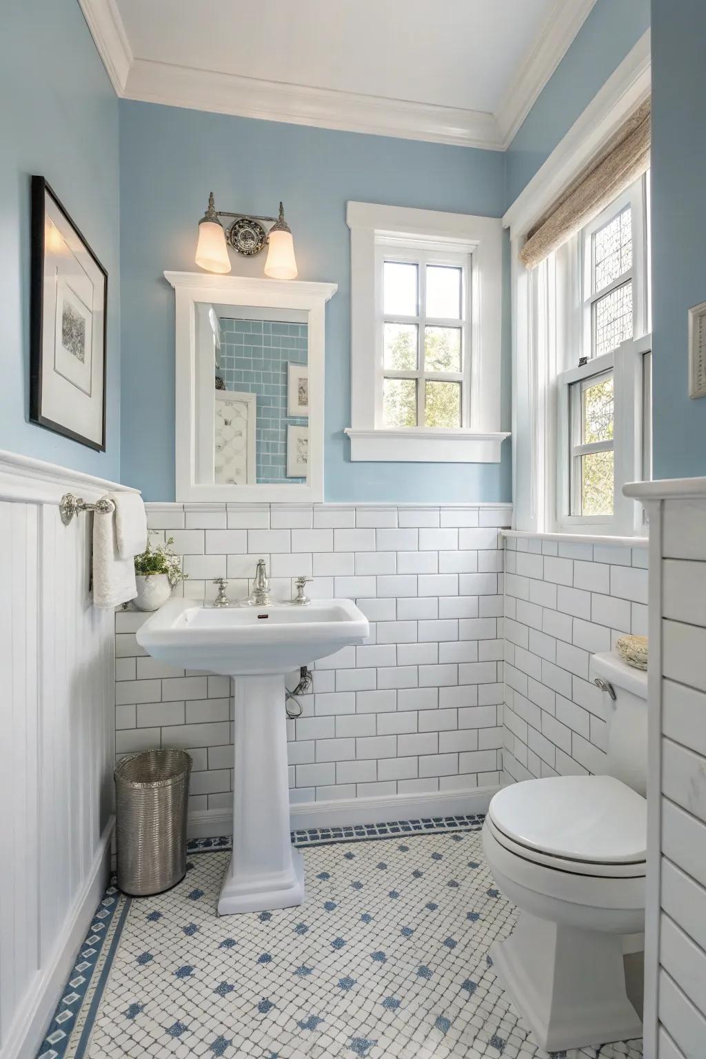 Powder blue wainscoting offers a calming touch to powder rooms.