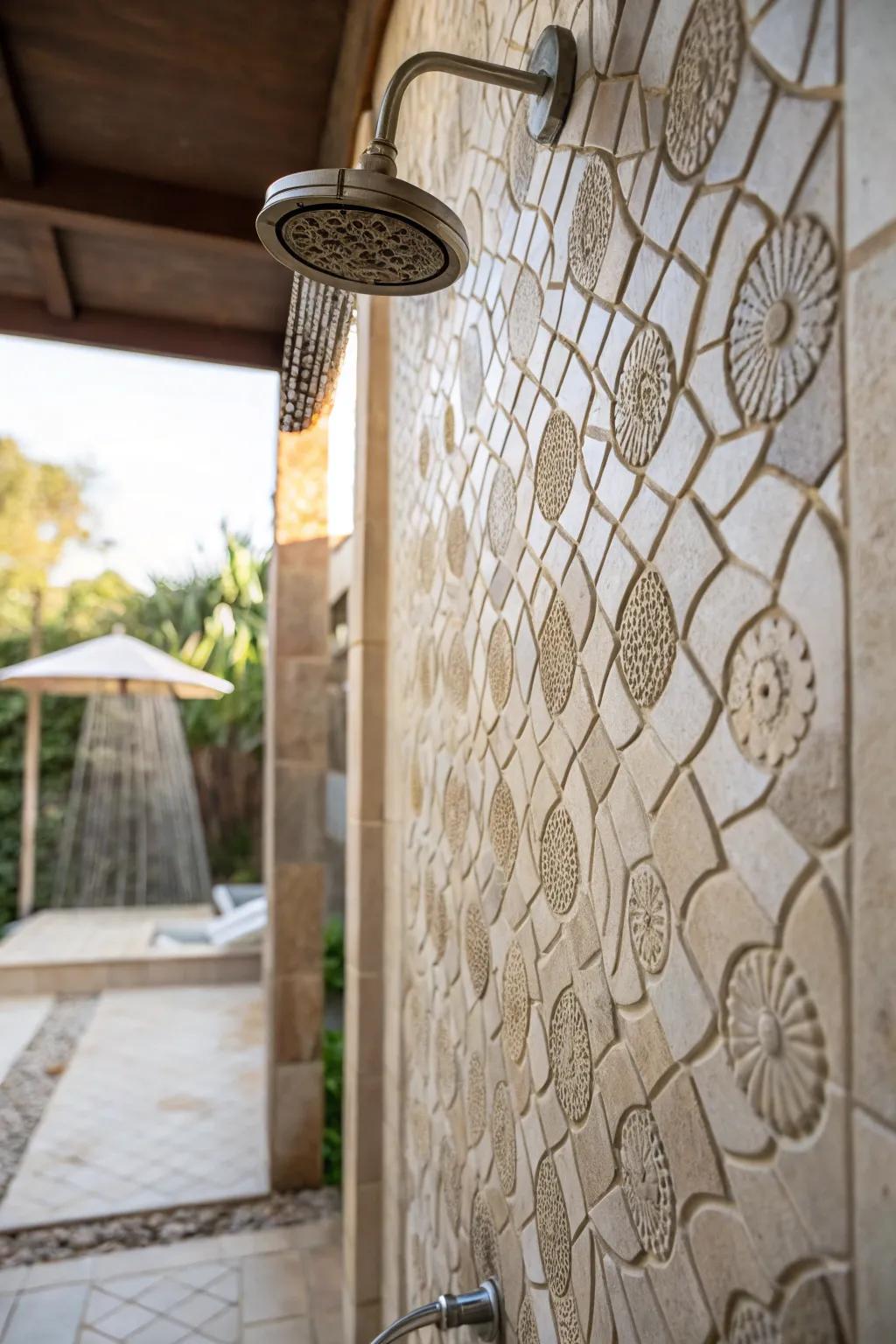 Shower featuring textured tiles and natural light.