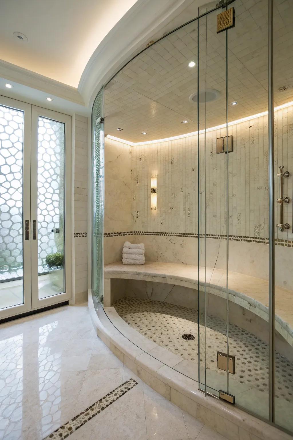 A curved bench introduces a graceful touch to the shower, enhancing its elegance.