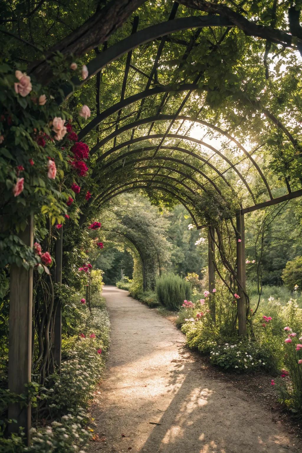 Branch trellis arches offer a whimsical, storybook feel to garden paths.