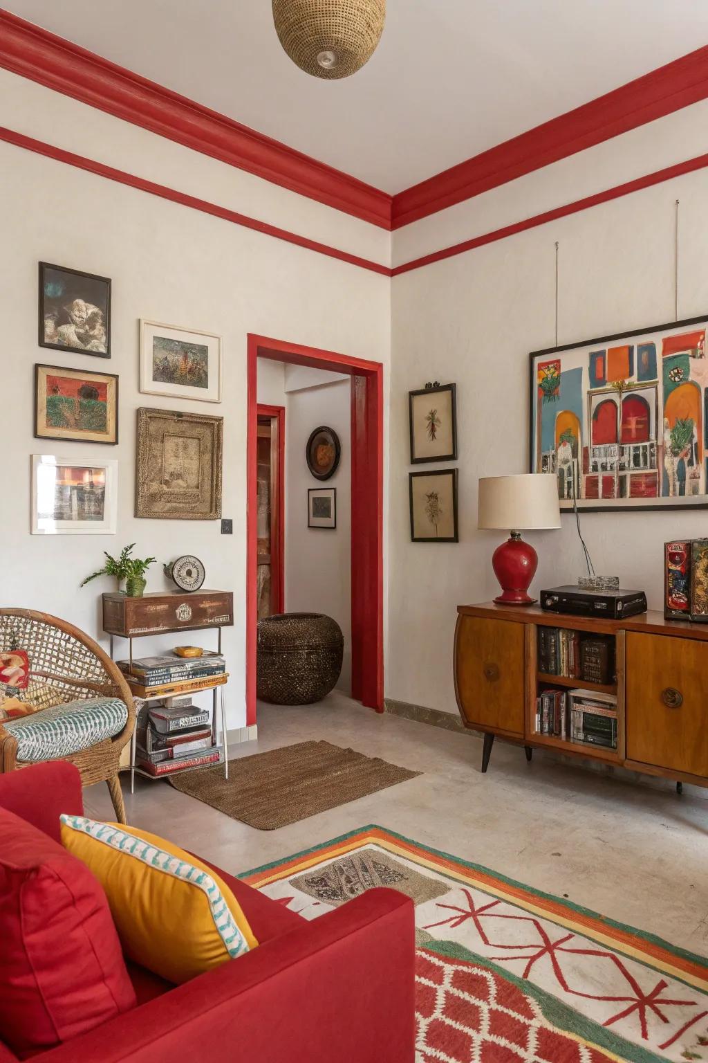 Energetic and lively with neutral walls and bold red trim.