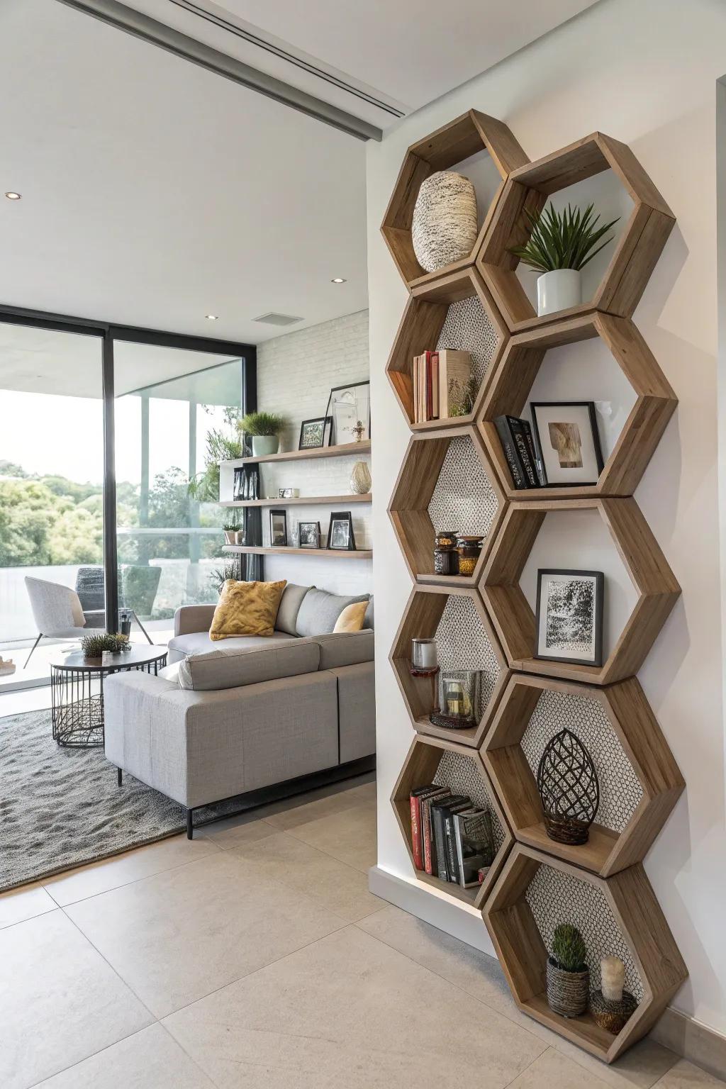 Add intrigue with geometric shaped shelves.