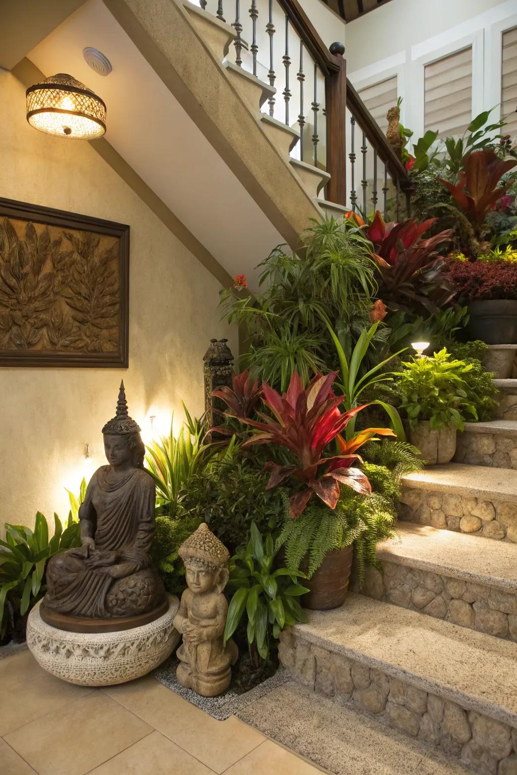 A decorative display under the stairs adds style and sophistication.