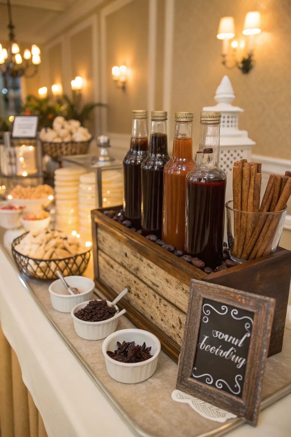 A toppings bar with flavored syrups and chocolate shavings.