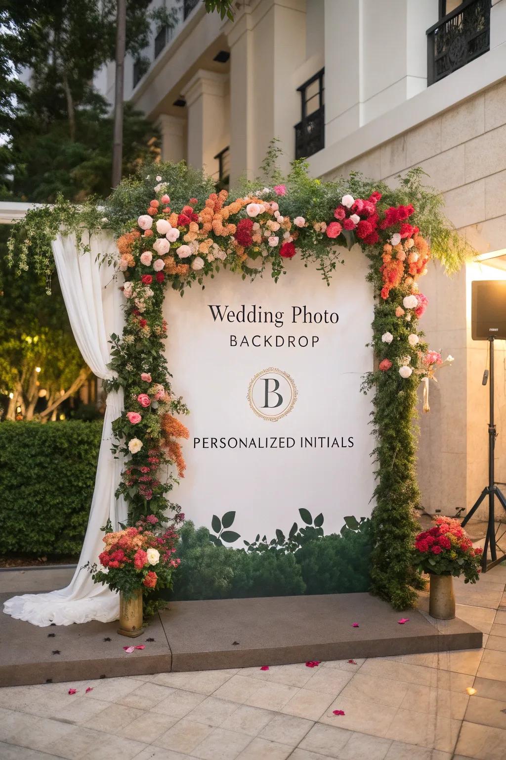 An elegant wedding photo backdrop adorned with flowers and personalized initials.