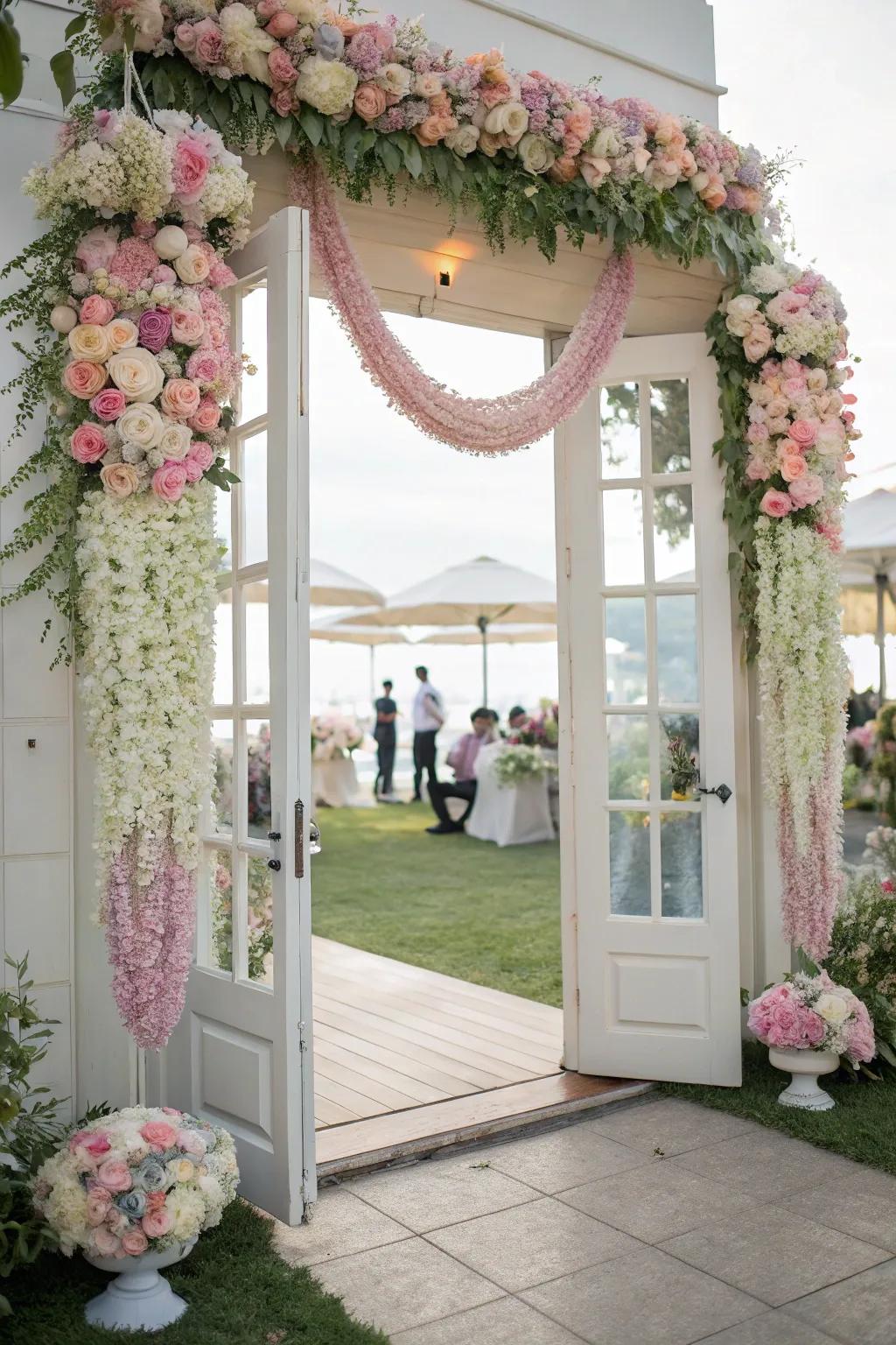 Unexpected floral displays on doorframes and hanging installations, creating a memorable wedding setting.
