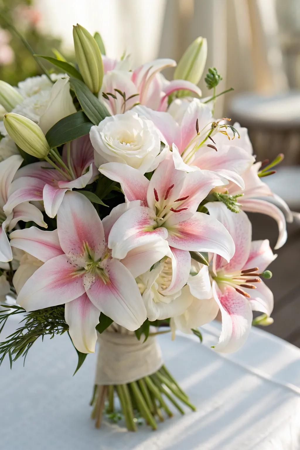 A modern lily bouquet with a touch of elegance.
