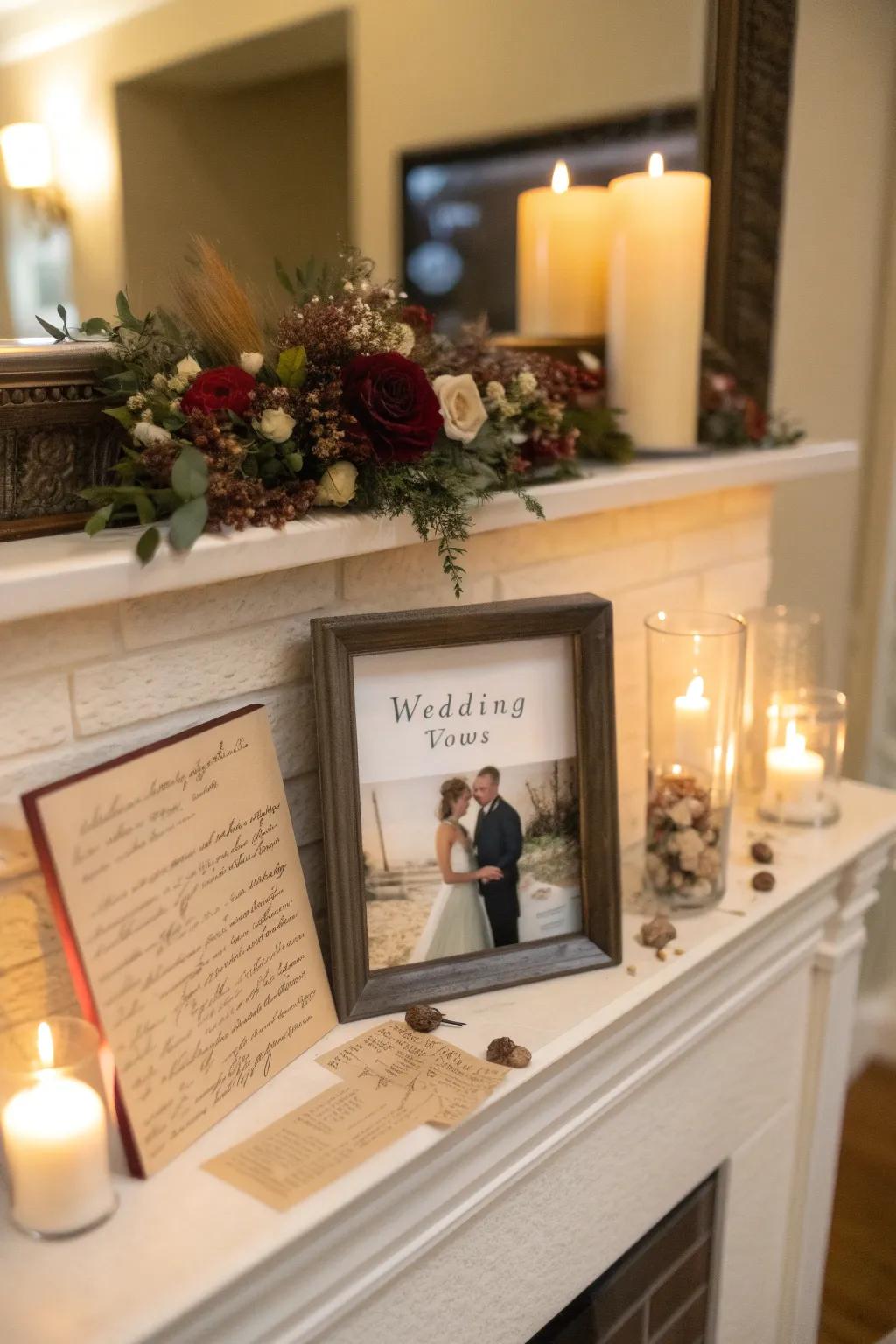 A shadow box preserving vows and wedding memories.